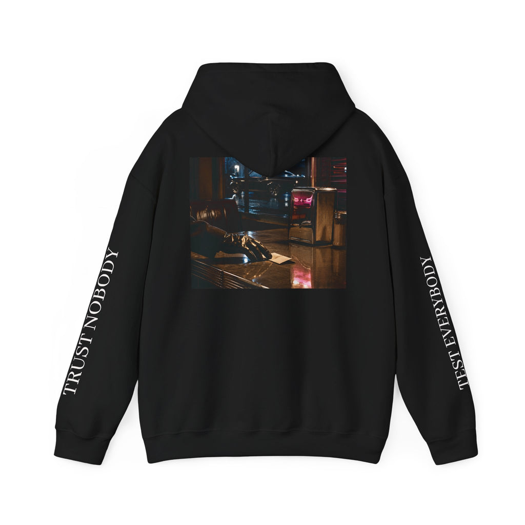 Voidlux Logo & Cityscape Hoodie — 'Trust Nobody' Sleeve Graphic Hoodie