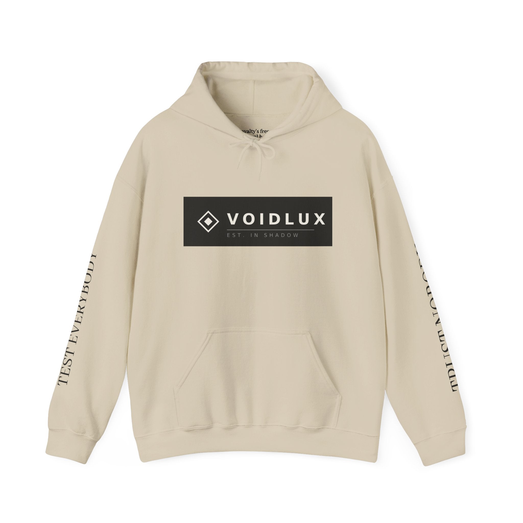 Voidlux Logo & Cityscape Hoodie — 'Trust Nobody' Sleeve Graphic Hoodie