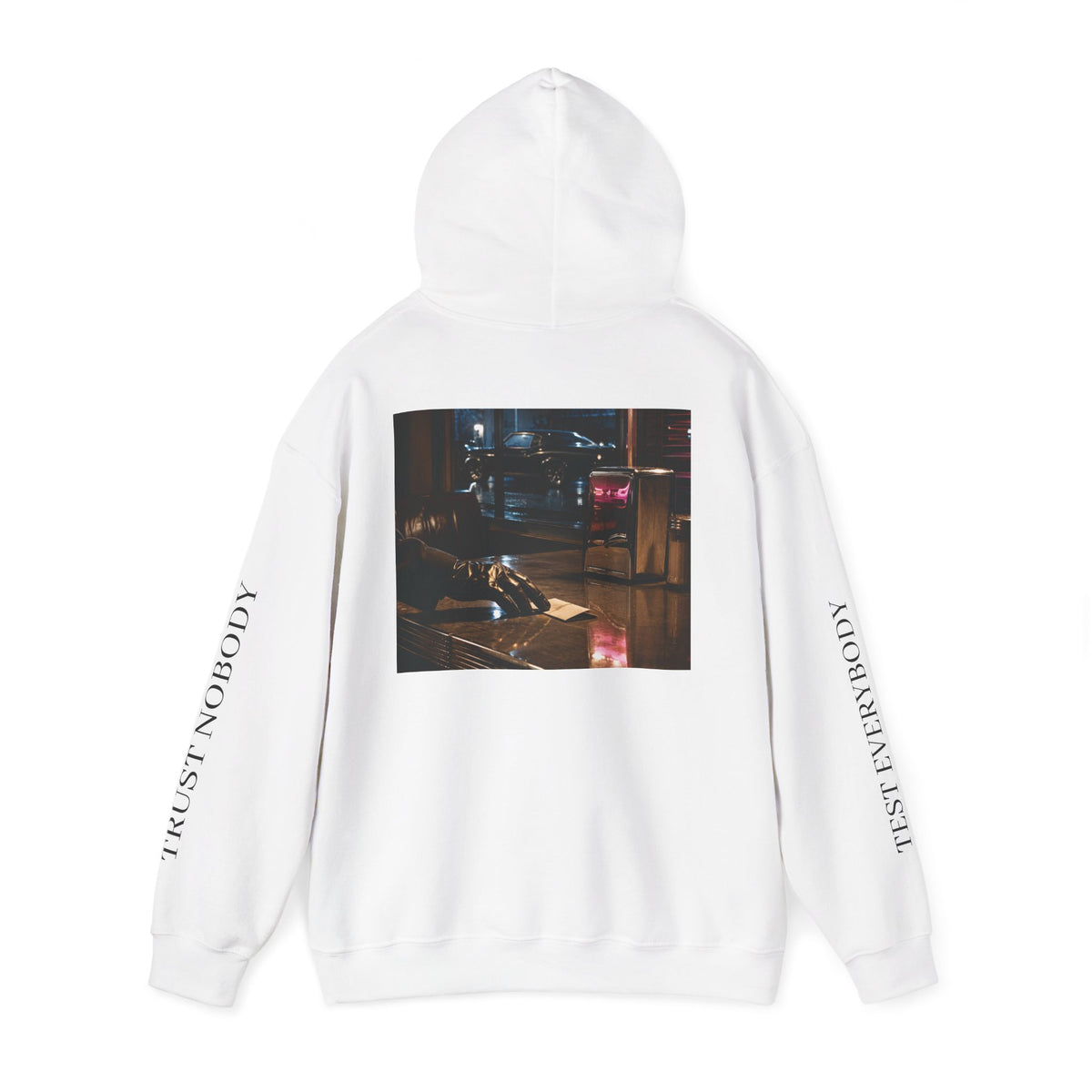 Voidlux Logo & Cityscape Hoodie — 'Trust Nobody' Sleeve Graphic Hoodie