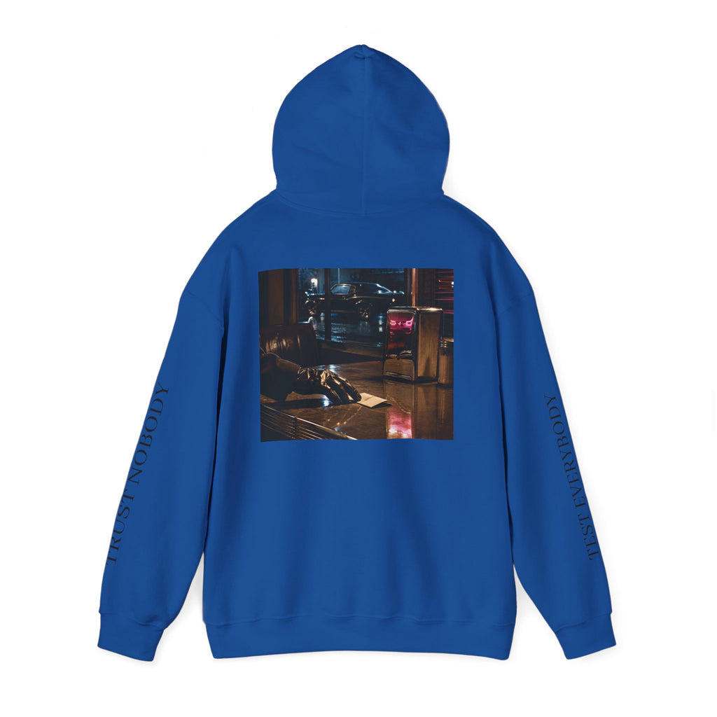 Voidlux Logo & Cityscape Hoodie — 'Trust Nobody' Sleeve Graphic Hoodie