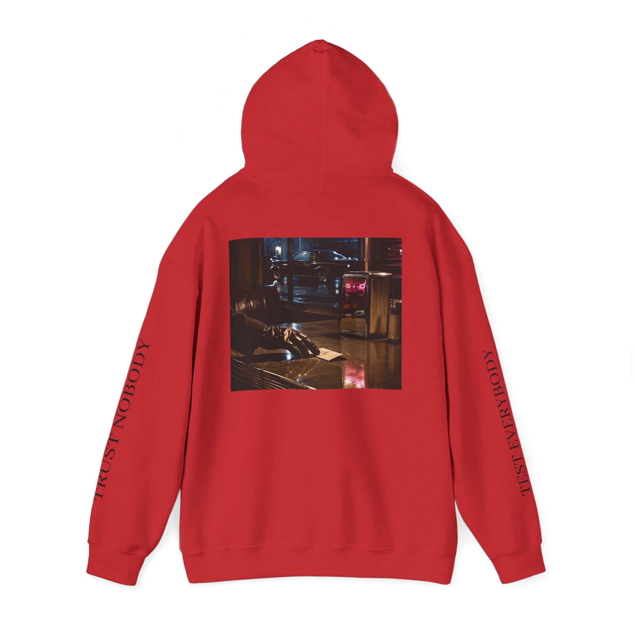 Voidlux Logo & Cityscape Hoodie — 'Trust Nobody' Sleeve Graphic Hoodie