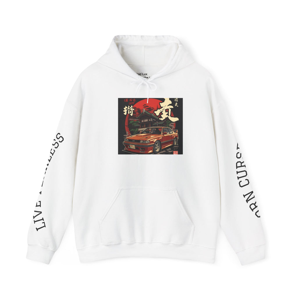 VoidLux Bushido Hoodie in natural white, printed with a vintage samurai armour graphic and red sun motif