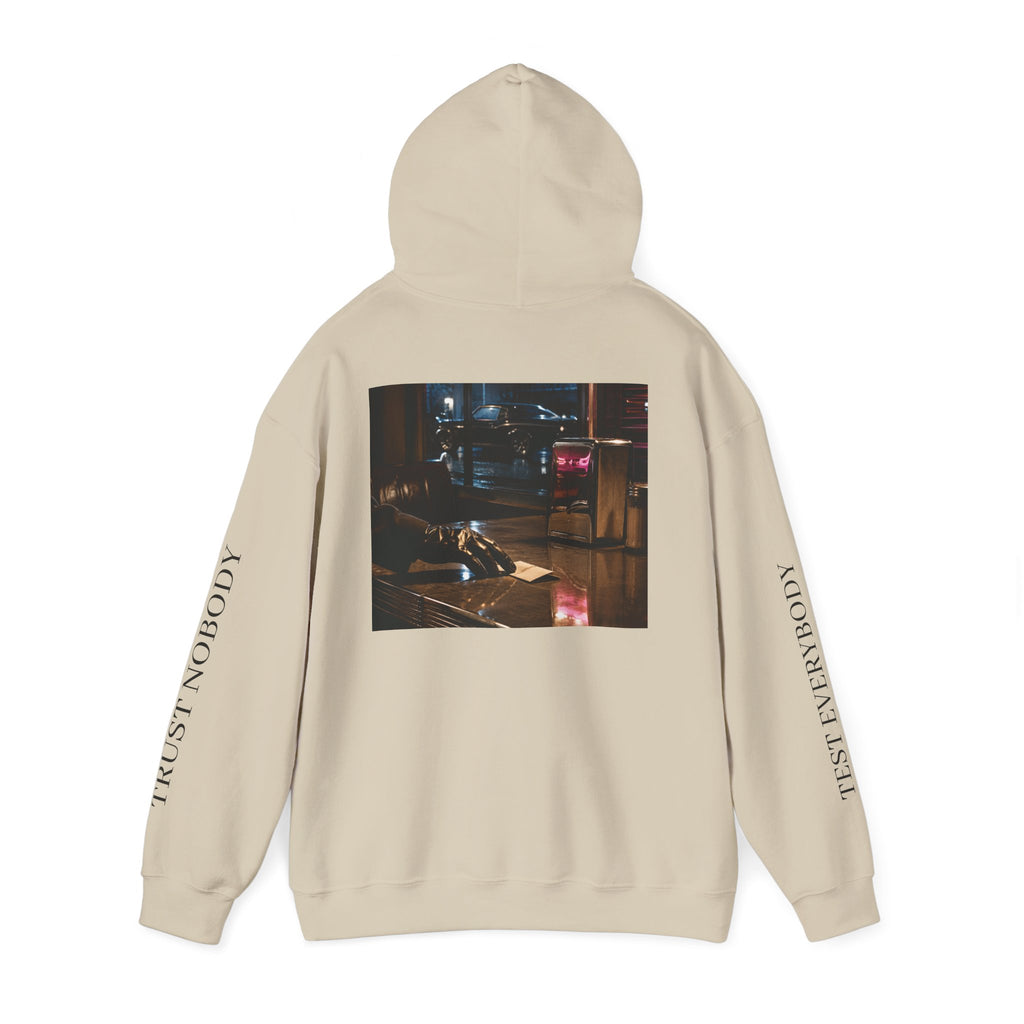 Voidlux Logo & Cityscape Hoodie — 'Trust Nobody' Sleeve Graphic Hoodie