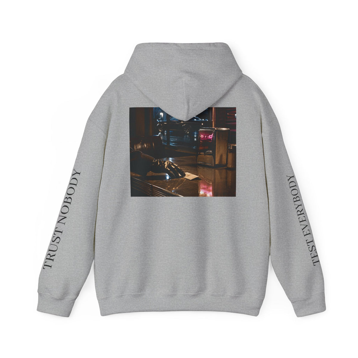 Voidlux Logo & Cityscape Hoodie — 'Trust Nobody' Sleeve Graphic Hoodie