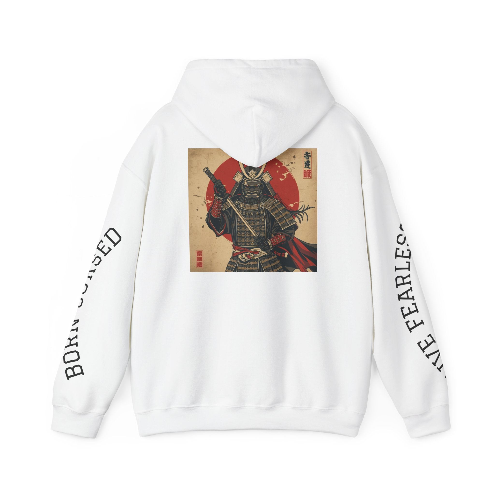 Samurai Warrior Hoodie — Vintage Japanese Armor Graphic "Born Cursed, Live Fearless"