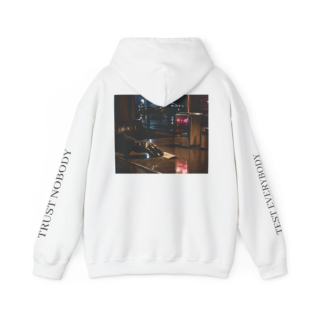Voidlux Logo & Cityscape Hoodie — 'Trust Nobody' Sleeve Graphic Hoodie
