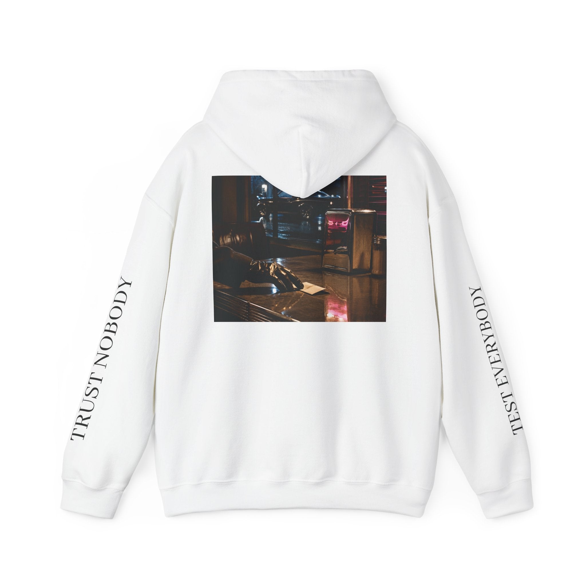 Voidlux Logo & Cityscape Hoodie — 'Trust Nobody' Sleeve Graphic Hoodie