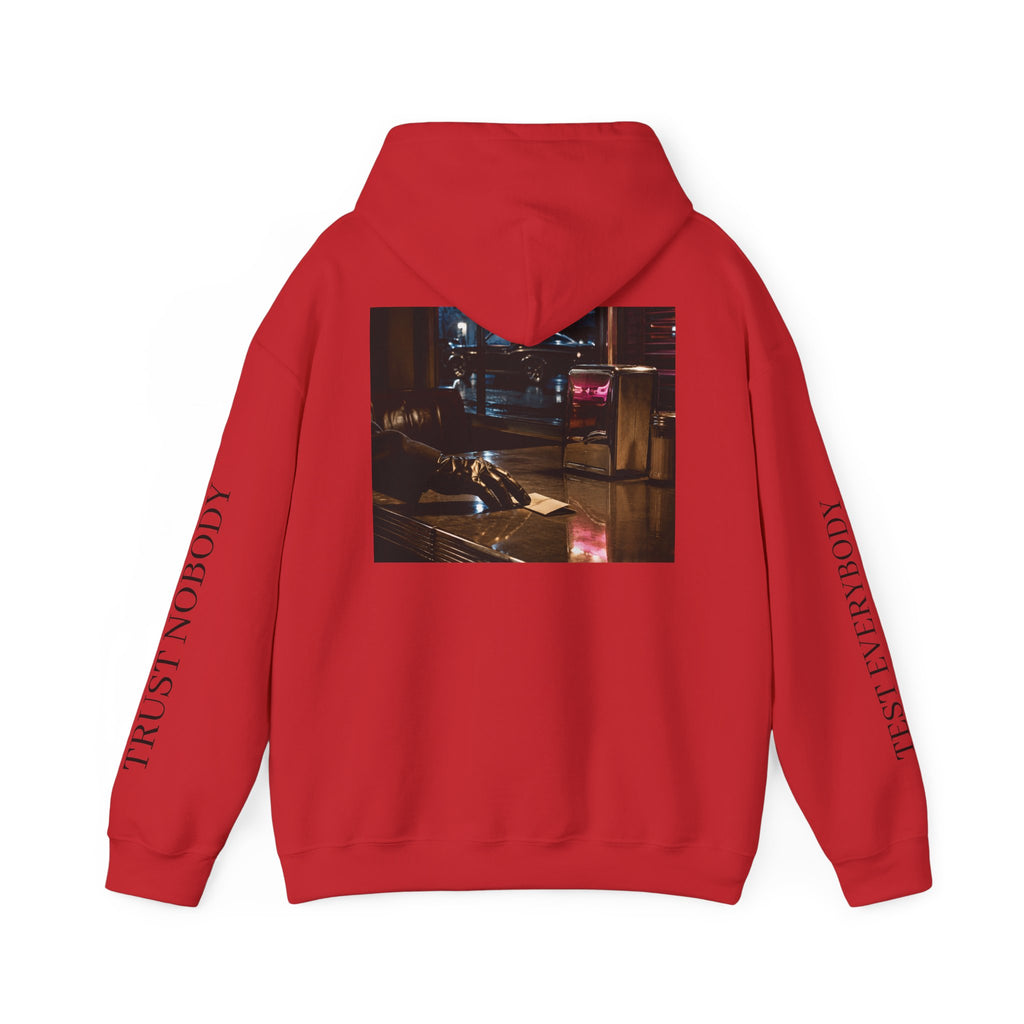 Voidlux Logo & Cityscape Hoodie — 'Trust Nobody' Sleeve Graphic Hoodie