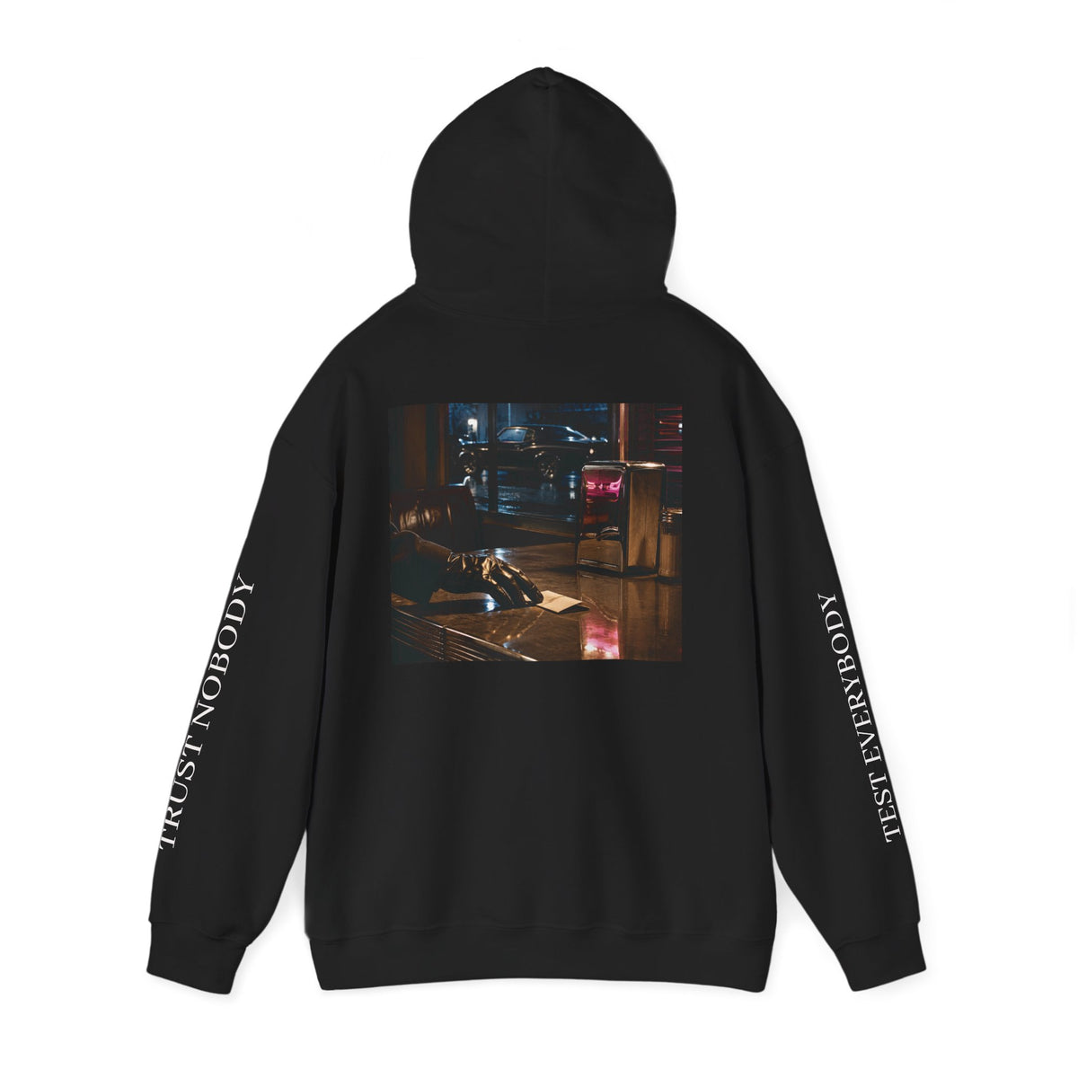 Voidlux Logo & Cityscape Hoodie — 'Trust Nobody' Sleeve Graphic Hoodie