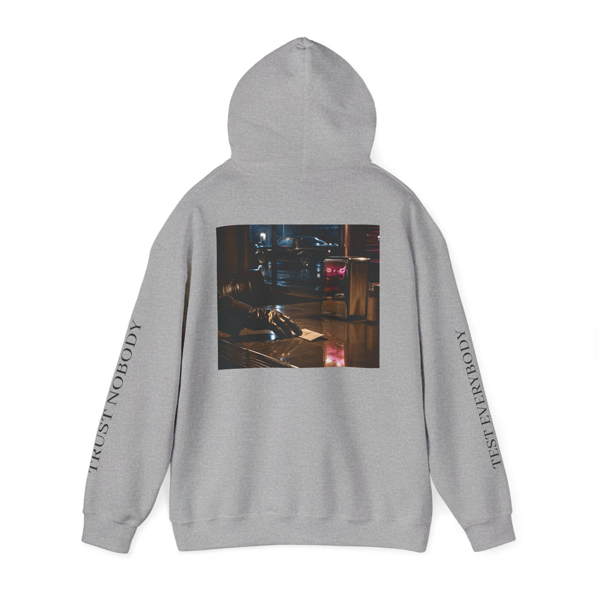 Voidlux Logo & Cityscape Hoodie — 'Trust Nobody' Sleeve Graphic Hoodie