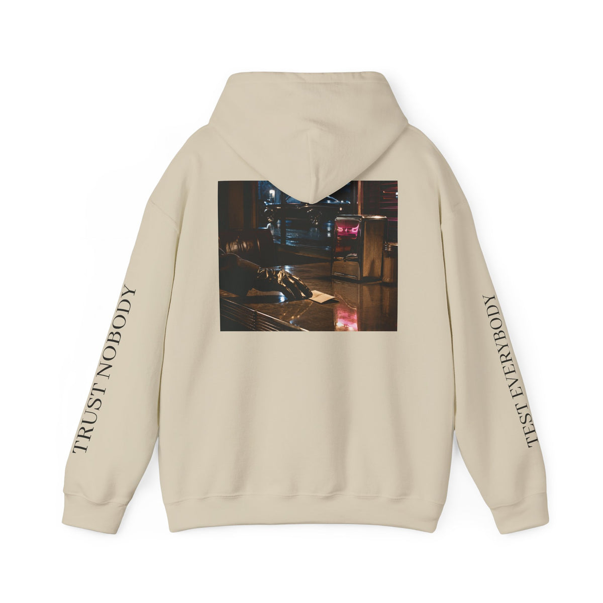 Voidlux Logo & Cityscape Hoodie — 'Trust Nobody' Sleeve Graphic Hoodie
