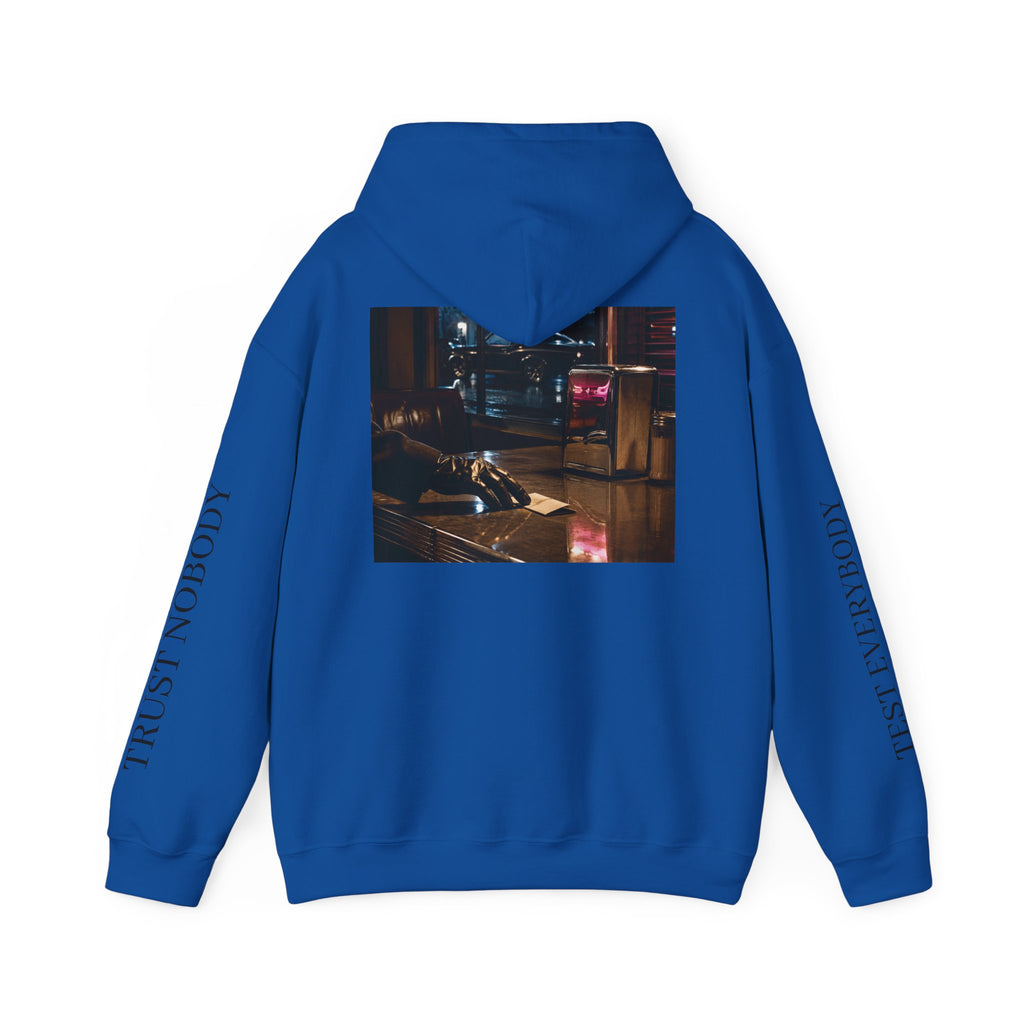 Voidlux Logo & Cityscape Hoodie — 'Trust Nobody' Sleeve Graphic Hoodie