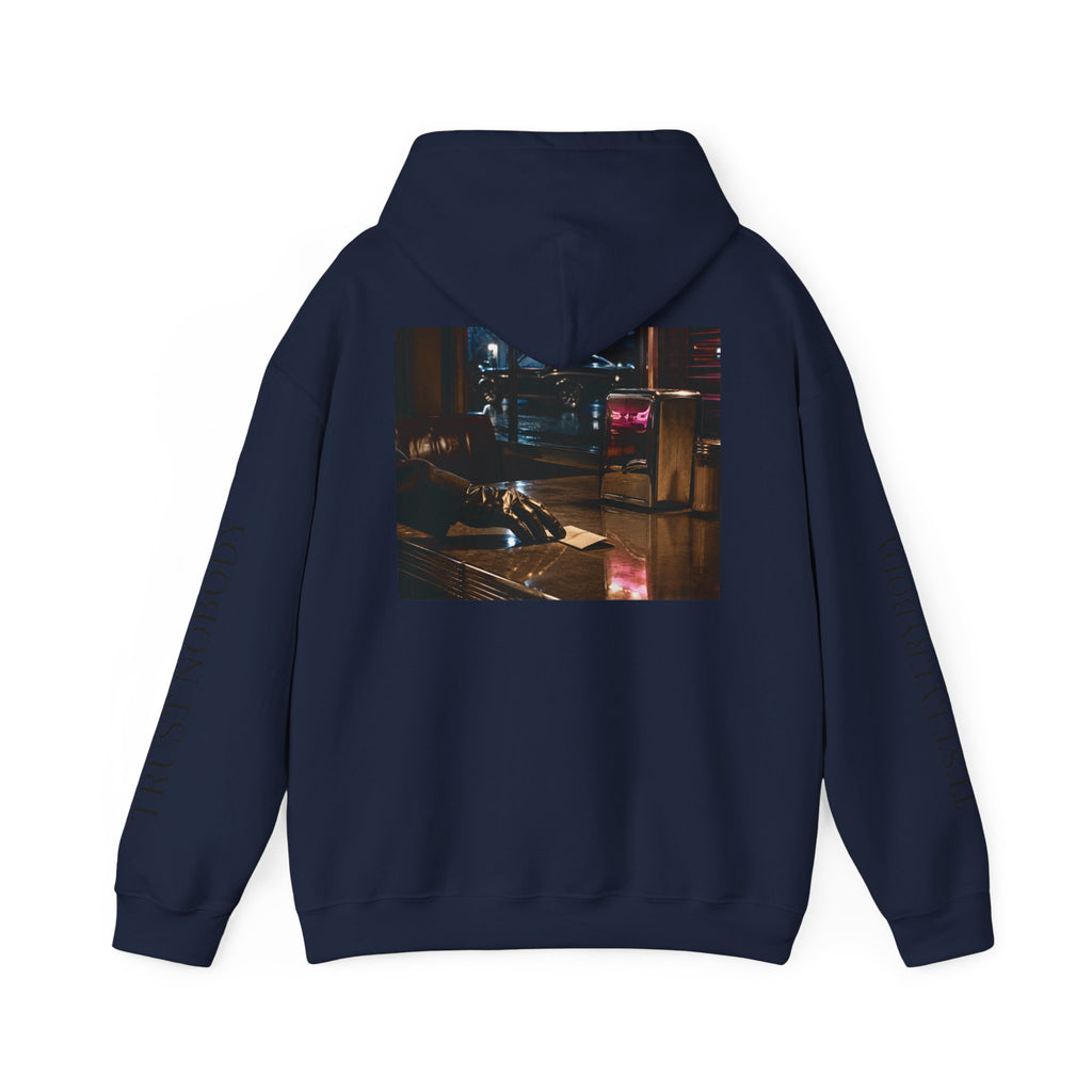 Voidlux Logo & Cityscape Hoodie — 'Trust Nobody' Sleeve Graphic Hoodie