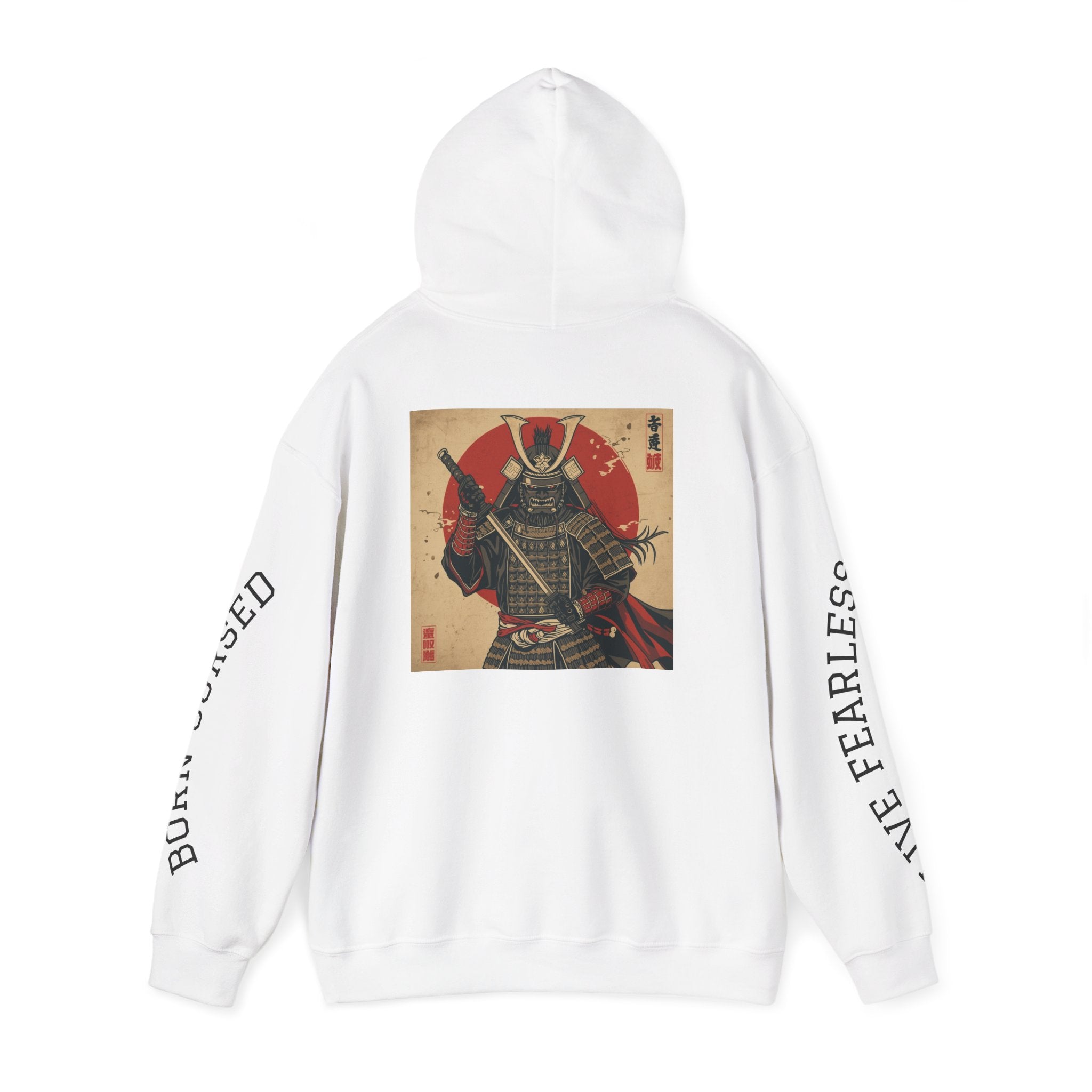 Samurai Warrior Hoodie — Vintage Japanese Armor Graphic "Born Cursed, Live Fearless"